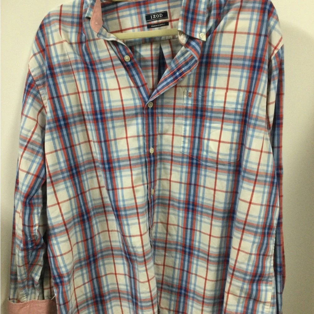 Izod Men's White Plaid Button-Down Shirt with Blue & Red